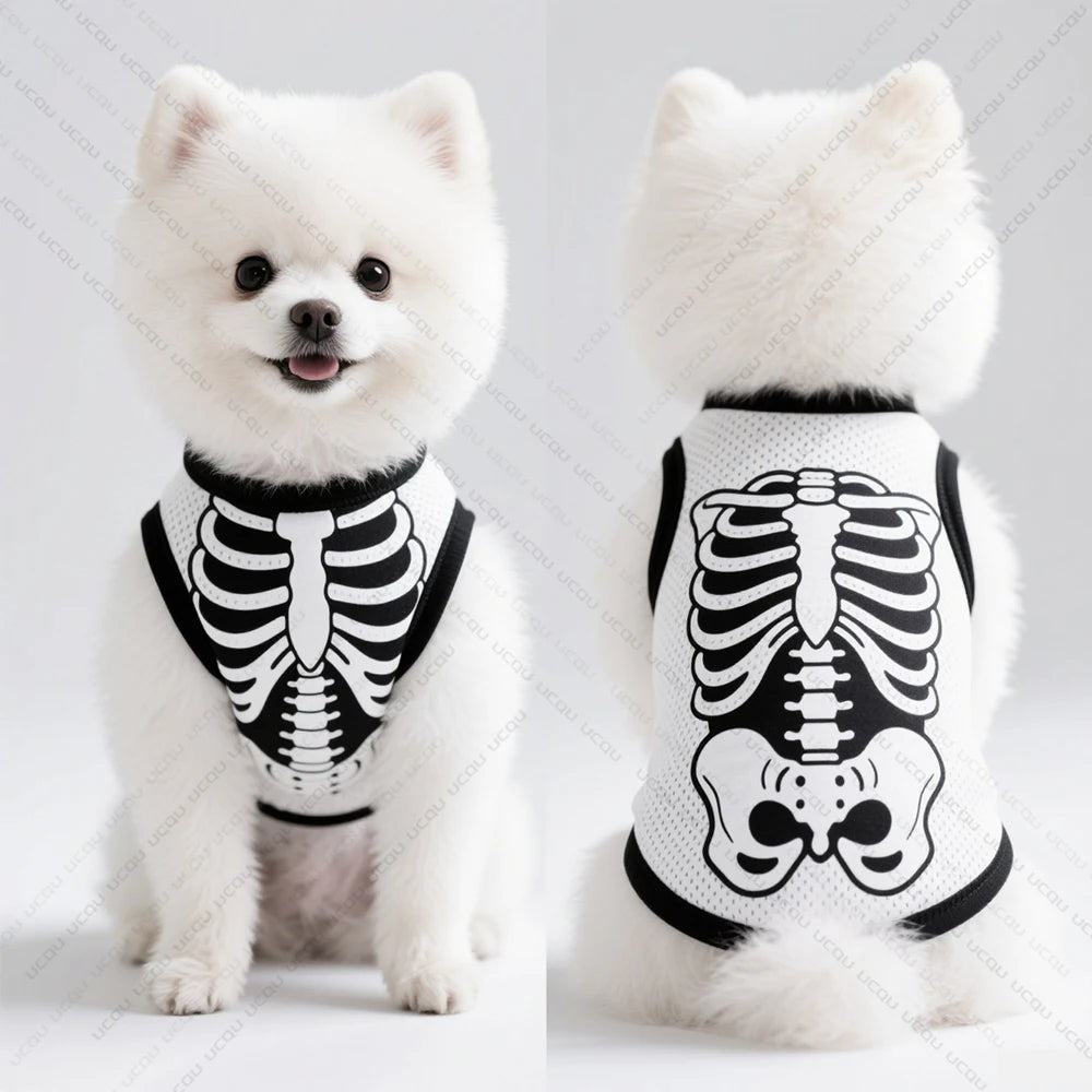 Bone Print Dog Tee – Airy Polyester Puppy Shirt, Fast-Drying Halloween Outfit for Tiny Dogs & Cats | Thomler