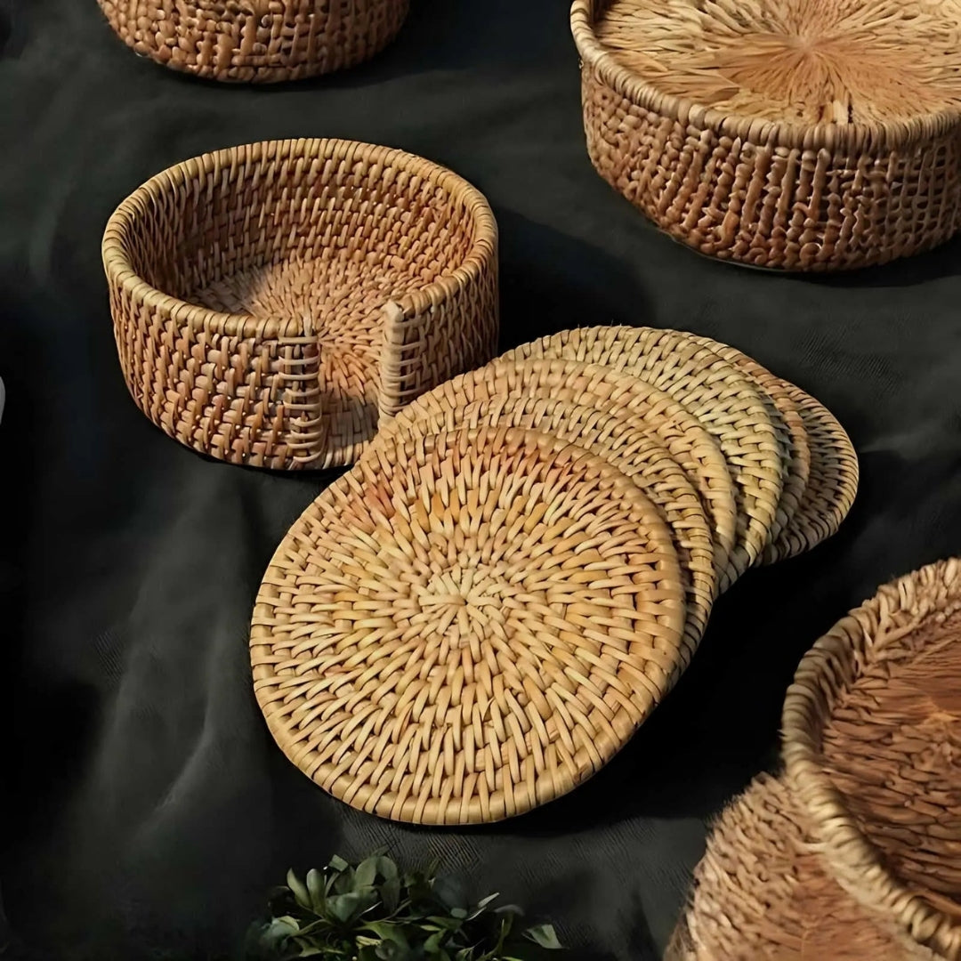 Woven Drink Coaster Set with Storage Holder – Natural Bamboo Finish for Hot & Cold Beverages, Coffee Table Protection | Thomler