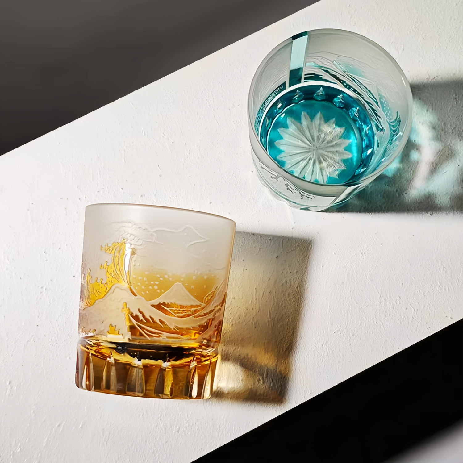 Japanese Wave Crystal Whisky Glass with Mt. Fuji Engraving in Golden or Blue Finish, Handcut Tumbler in Wooden Gift Box for Spirits and Bour | Thomler