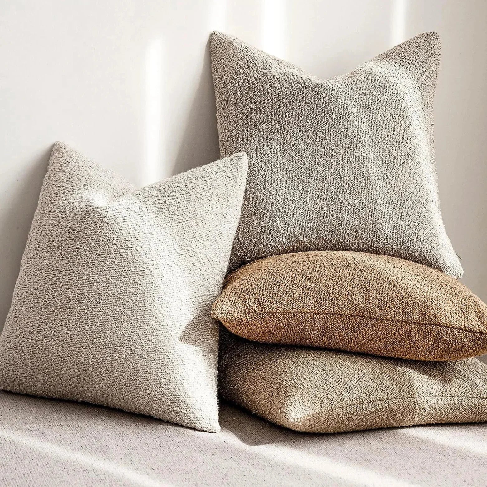 Cushion Cover Bouclé Fabric 45.0 cm x 45.0 cm Neutral Sofa Bed Decorative Throw Pillow Case Minimalist Living Room Accent | Thomler