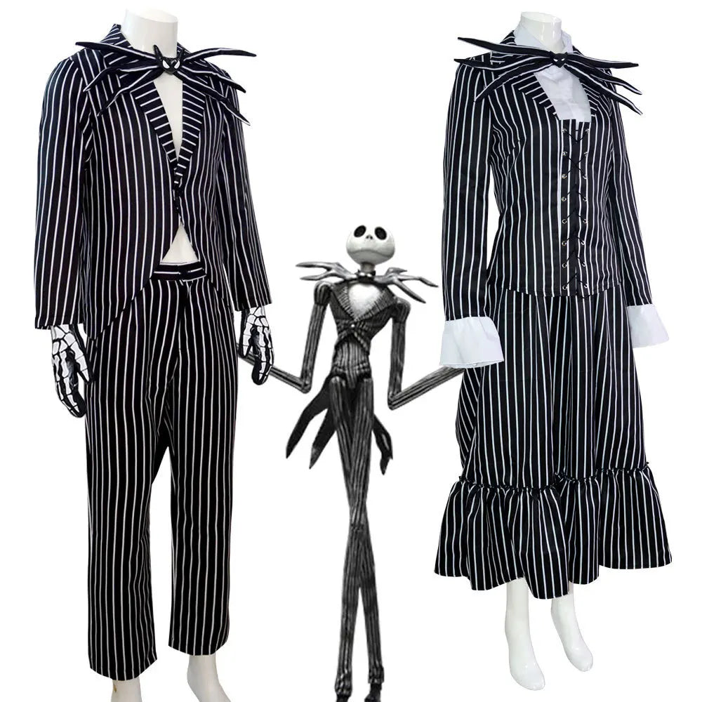 Pinstripe Pumpkin King Full Character Outfit – Adult Halloween Party Suit with Signature Bow & Skeleton Mask for Cosplay & Holiday Events | Thomler