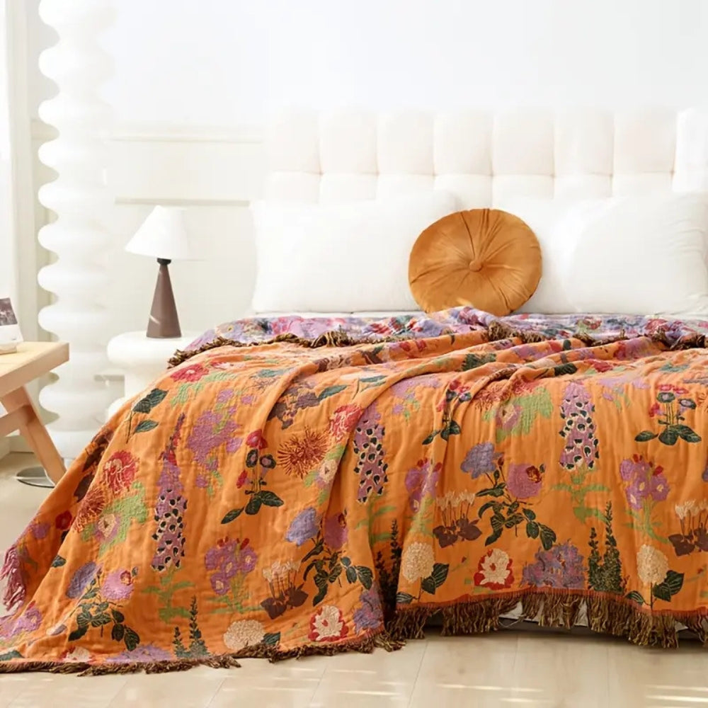 Reversible Cotton Throw Blanket with Floral Jacquard Weave & Tassel Trim for Sofa, Bed, Couch | All-Season Lightweight Decorative Blanket | Thomler