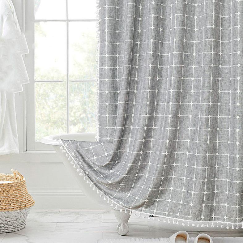 Shower Curtain Premium Linen 180.0 x 200.0 cm Grey Bathroom Waterproof Tassel Bohemian Bath Screen Privacy Curtain | Thomler