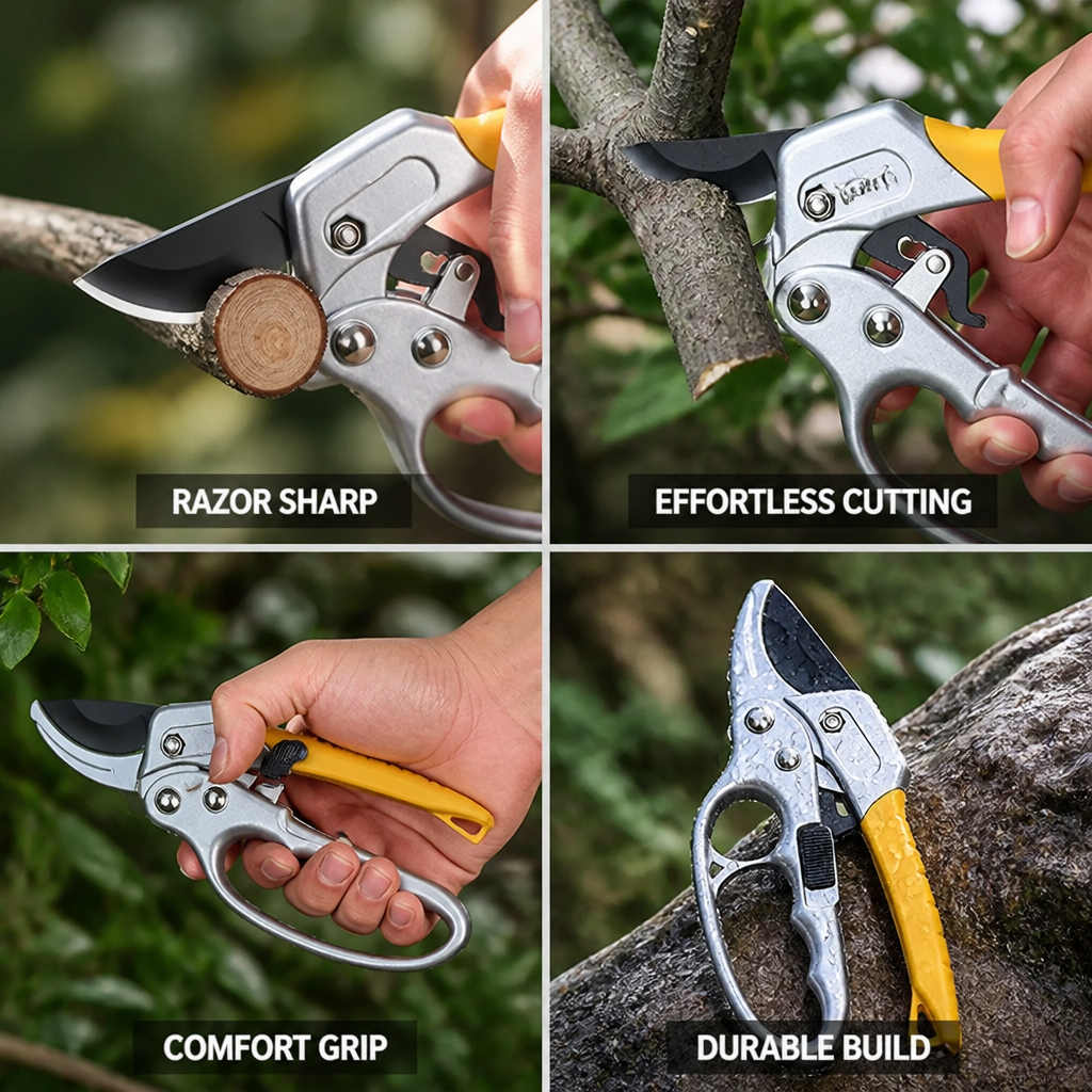 Ratchet Pruning Shears with SK5 Steel Blade & Non-Slip Ergonomic Handle for Garden Pruning | Thomler