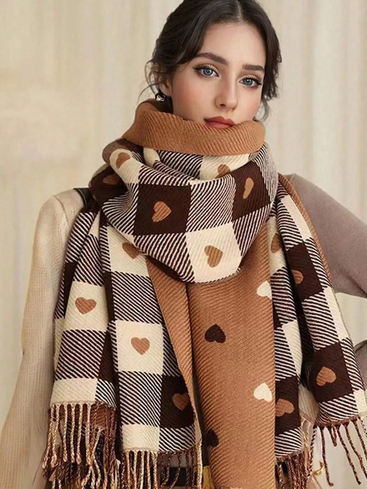 Lightweight Plaid Heart Pattern Cold Weather Wrap for Women – One Size Fits All | Thomler