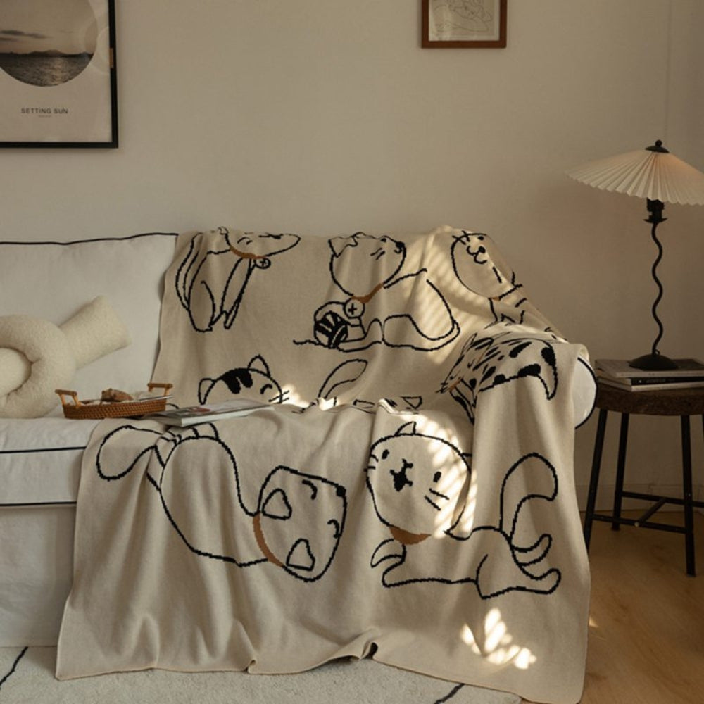 Cat Pattern Throw Blanket – 100% Cotton Weave – Breathable All-Season Bed & Sofa Cover | Thomler