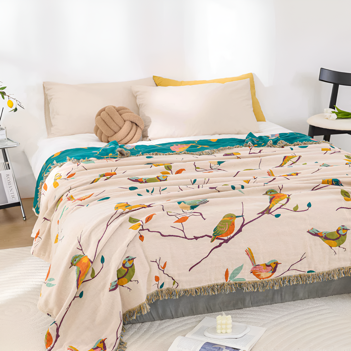 Woven Cotton Throw Blanket with Fringe Tassels & Avian Motif – Breathable, Lightweight Bed or Couch Cover for Boho Living Room, Guest | Thomler