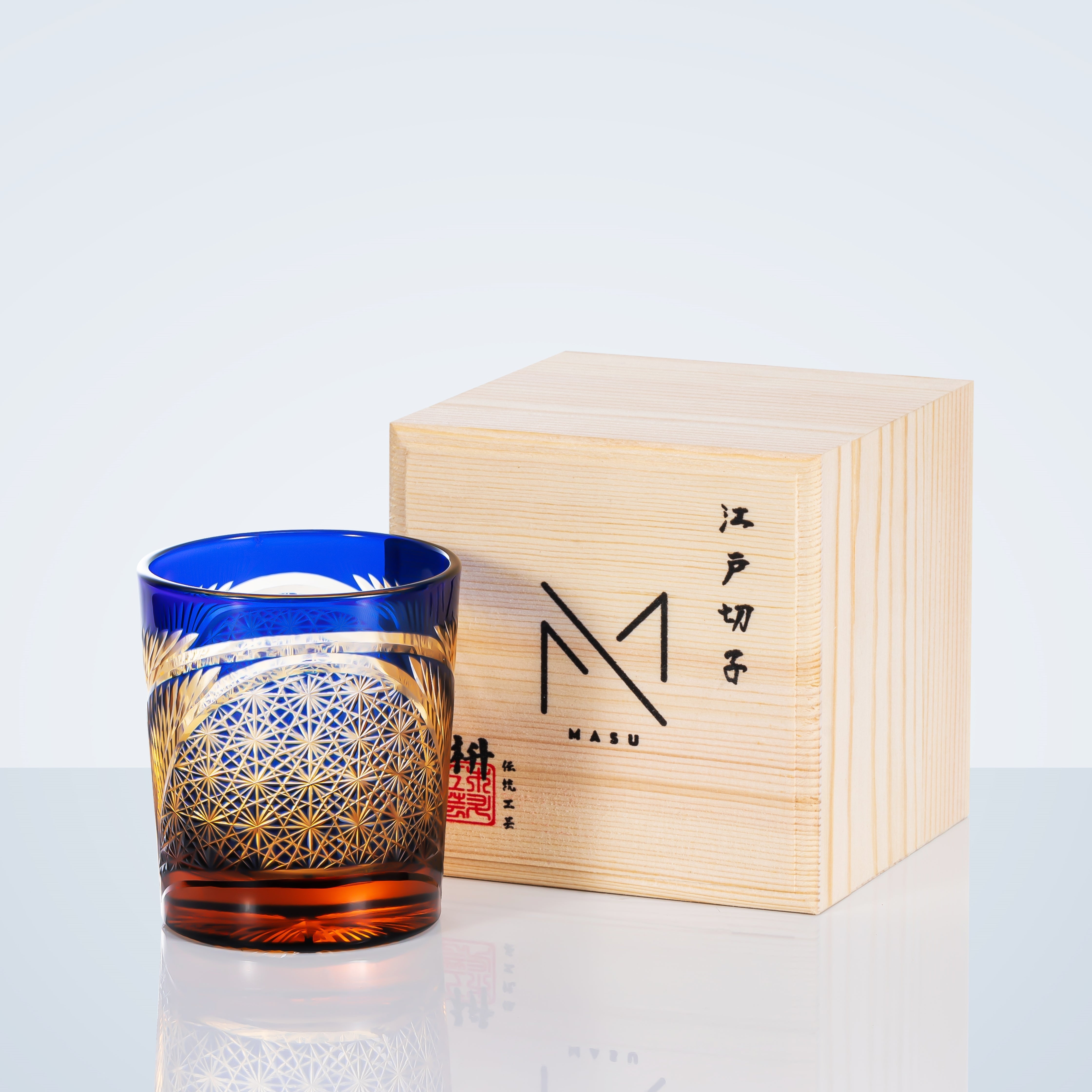 Whiskey Glass Crystal Amber Crane Feather Pattern Japanese Style Barware Gift Box | Thomler