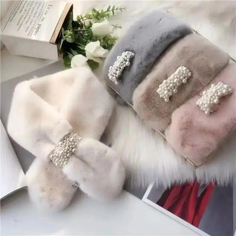 Embellished Faux-Fur Crossover Neckwarmer for Women – Cold-Weather Accessory with Decorative Bead Detail | Thomler