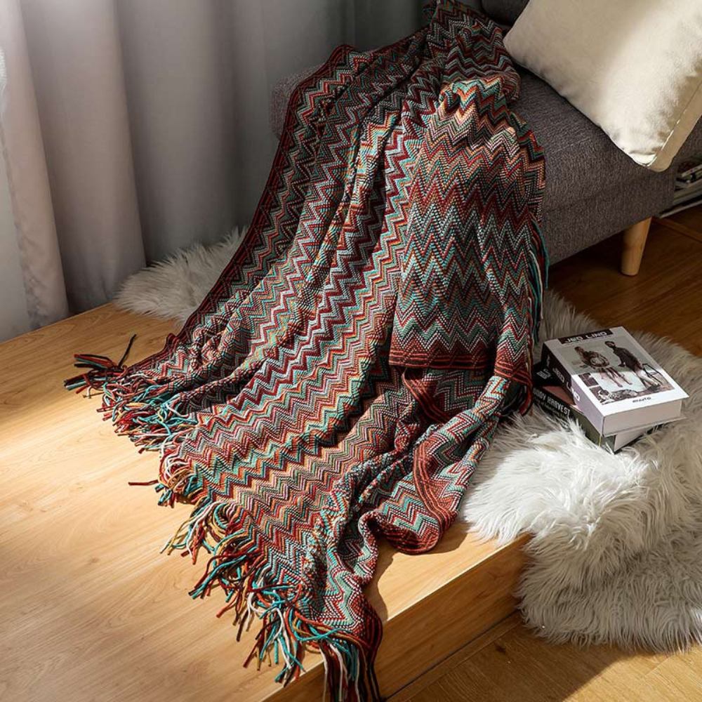 Chevron Knit Throw Blanket with Fringe Trim – Lightweight Acrylic for Year-Round Comfort | Thomler