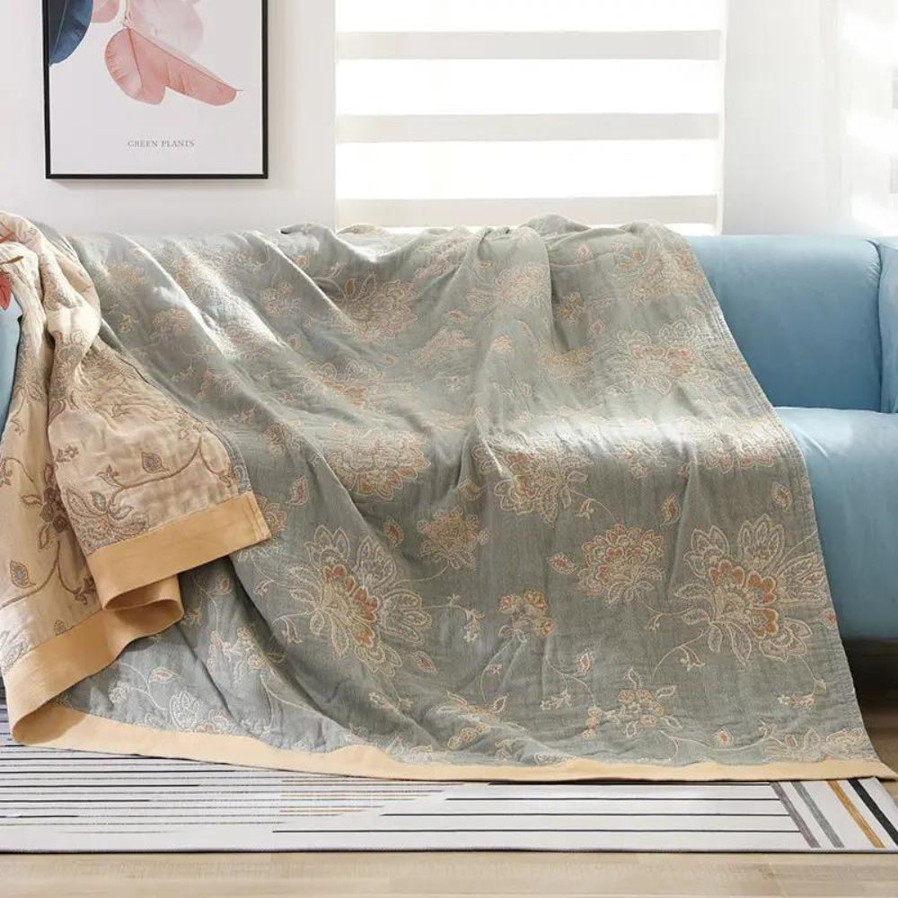 Lightweight Cotton Gauze Throw Blanket with Floral Design for Year-Round Comfort, Breathable Bedding for Bedroom, Sofa, or Guest Room | Thomler