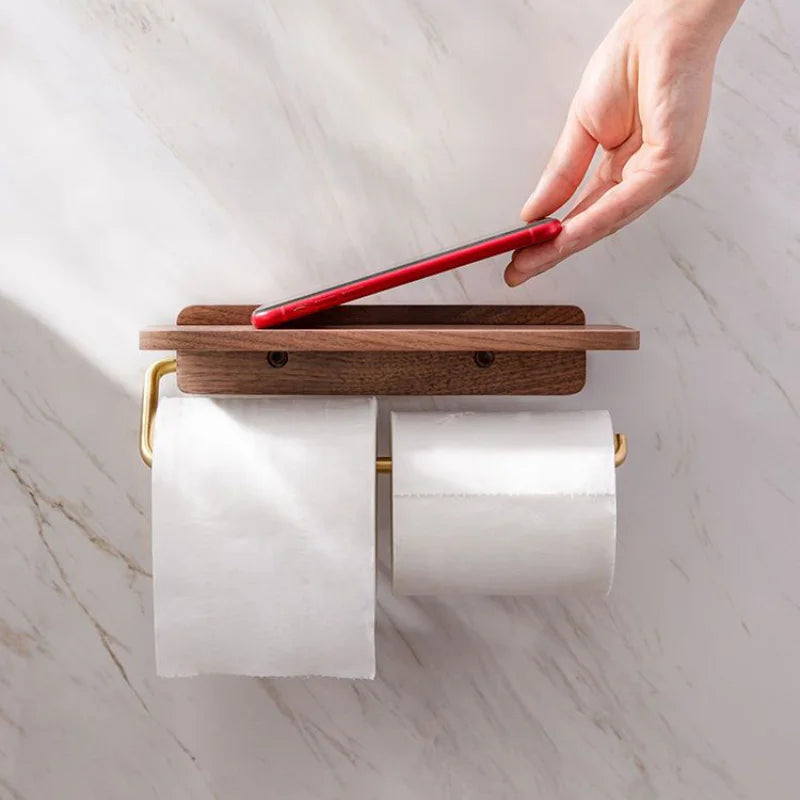 Toilet Roll Holder Walnut Wood Wall Mounted Bathroom Shelf Storage Organiser Minimalist Toilet Paper Rack | Thomler