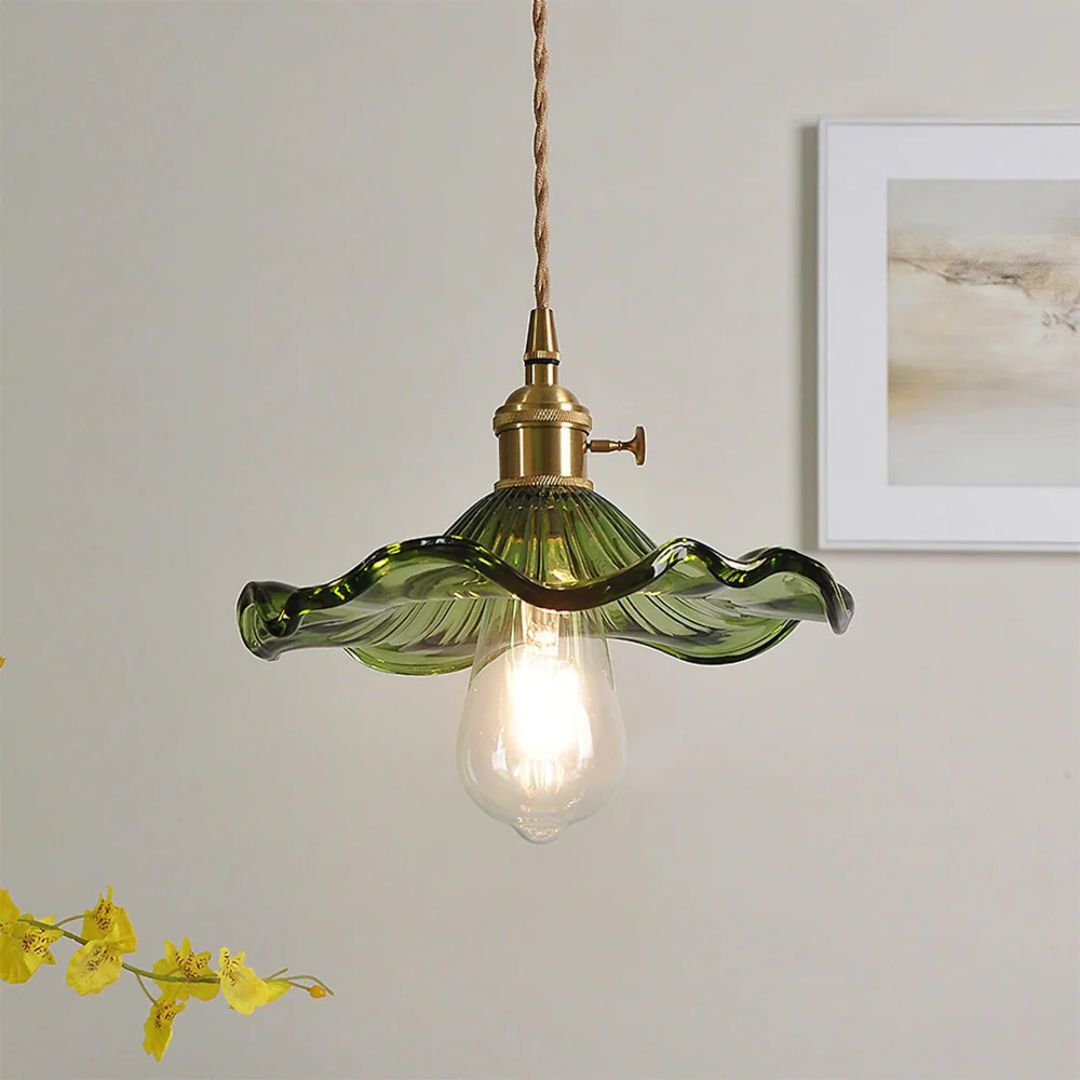 Pendant Light Glass Brass Flower Shade 23.0 cm Green Dining Room Bedroom Hanging Ceiling Lamp Retro Vintage Decorative | Thomler