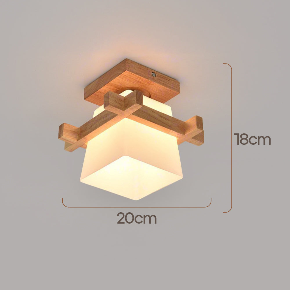 Ceiling Light Wood E27 20.0 cm White Japandi Hallway Bedroom Living Room Square Flush Mount Lamp | Thomler