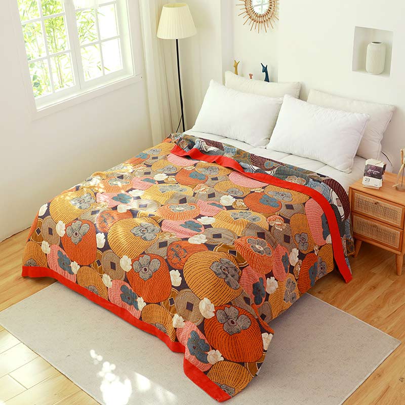 Reversible Cotton Gauze Quilt with Persimmon Pattern - Lightweight Summer Blanket for Bed, Sofa & Travel - Queen, King & Full Sizes | Thomler