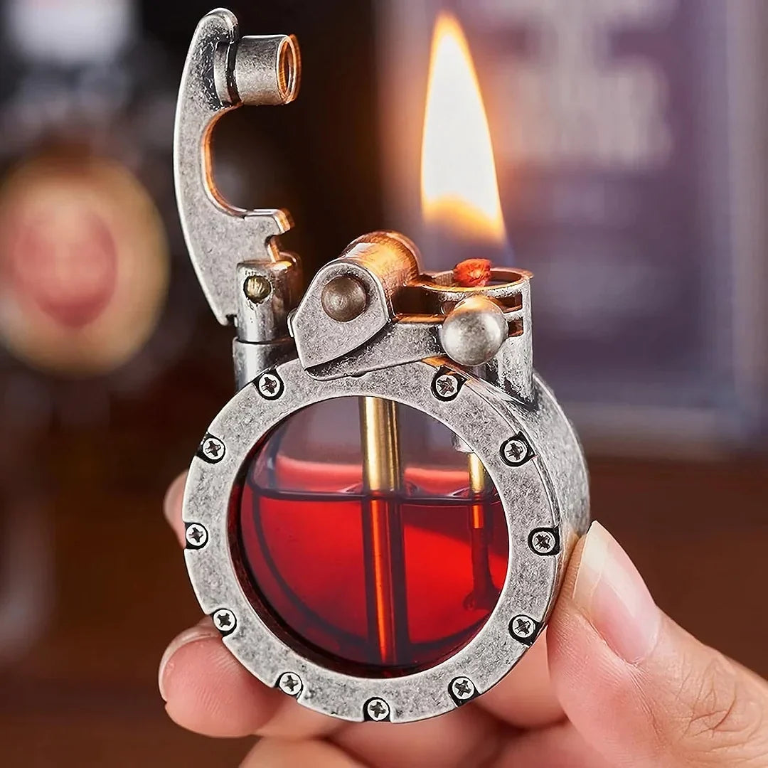 Refillable Fluid Lighter with See-Through Fuel Window – Metal Body, Flip-Top Ignition, Vintage Style for Everyday Carry & Collectors | Thomler