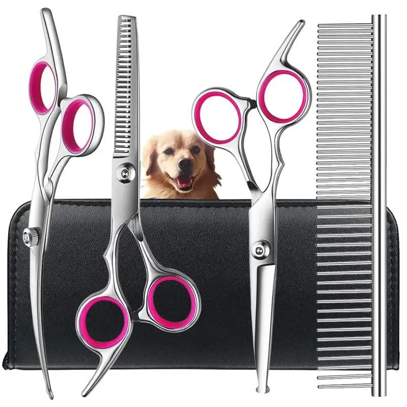 Professional Pet Trimming Shears Kit with Safety Tips for Dogs & Cats – Complete Home Animal Hair Cutting Set with Storage Pouch | Thomler