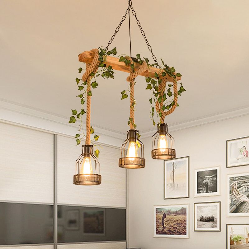 Rustic Industrial Wood Beam Ceiling Fixture with Metal Cages – 3 or 5 Light Overhead Chandelier for Kitchen Island, Dining Room & | Thomler