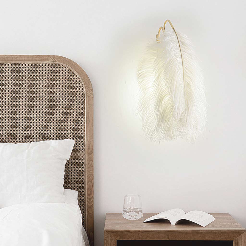 Wall Lamp Ostrich Feather 9.1 in White Bedroom Living Room Decorative Soft Light Fixture Modern Nordic Minimalist Lighting | Thomler