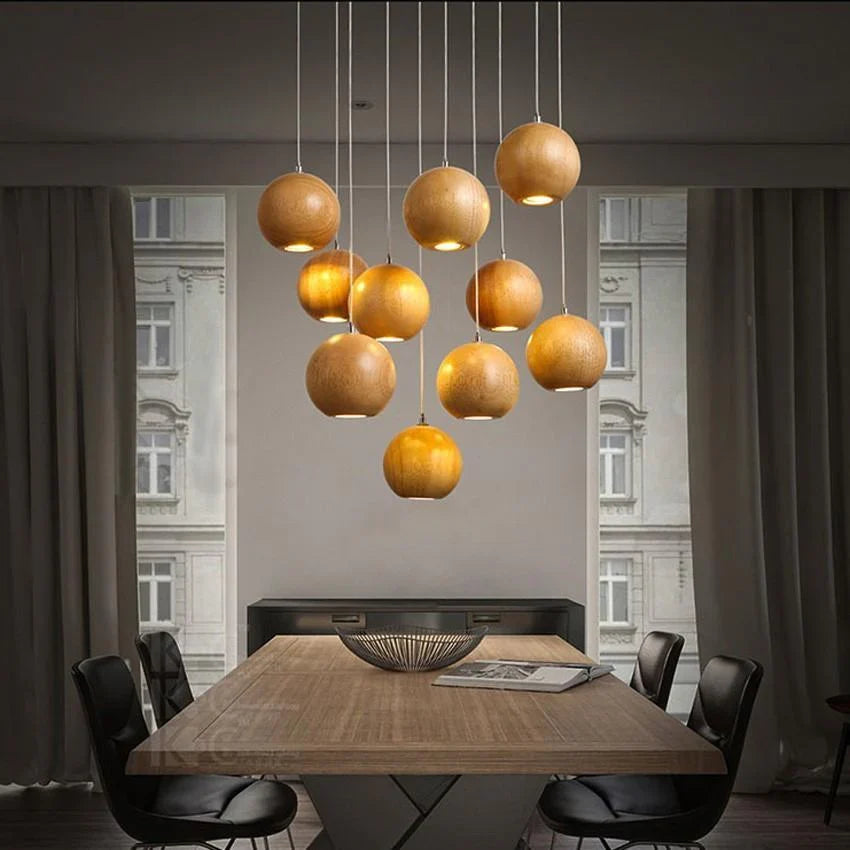 Natural Wood Sphere Pendant Light | Modern Globe Drop Ceiling Lamp for Kitchen Island, Dining Room, Living Room & Restaurant | Adjustable | Thomler