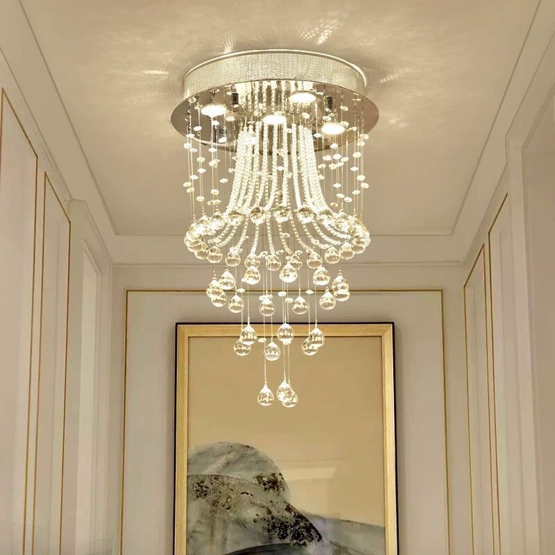 Chrome Ceiling Light with Cascading K9 Crystal Strands for Bedroom, Living Room & Hallway | 5-Light Flush Mount Fixture with GU10 Sockets | Thomler