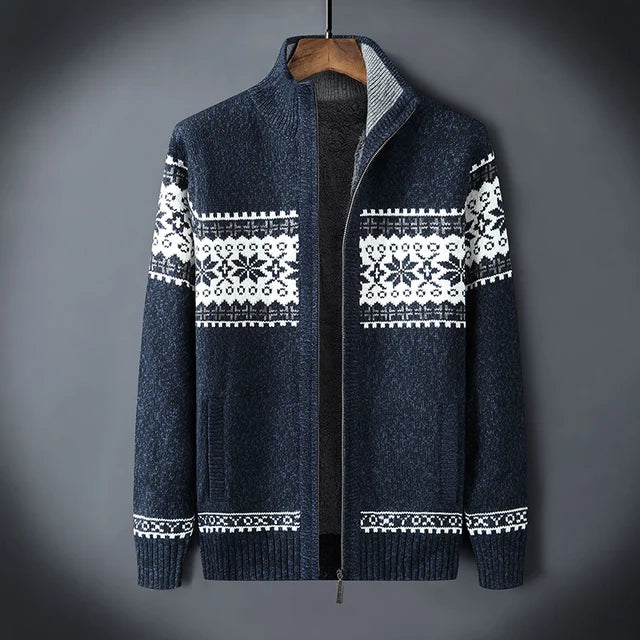 Men's Alpine Sweater Jacket – Full-Zip Cardigan with Stand-Up Collar & Fair Isle Pattern for Layering | Thomler