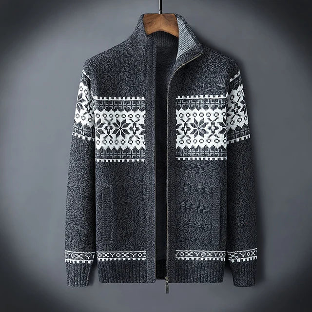 Men's Alpine Sweater Jacket – Full-Zip Cardigan with Stand-Up Collar & Fair Isle Pattern for Layering | Thomler