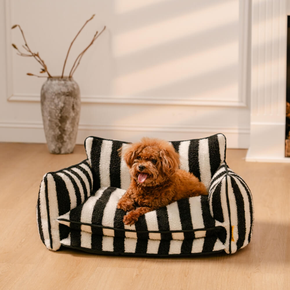 Plush Pet Couch with Washable Cover - Dual-Layer Cushioned Lounger for Dogs & Cats - Striped Fleece Nap Spot | Thomler