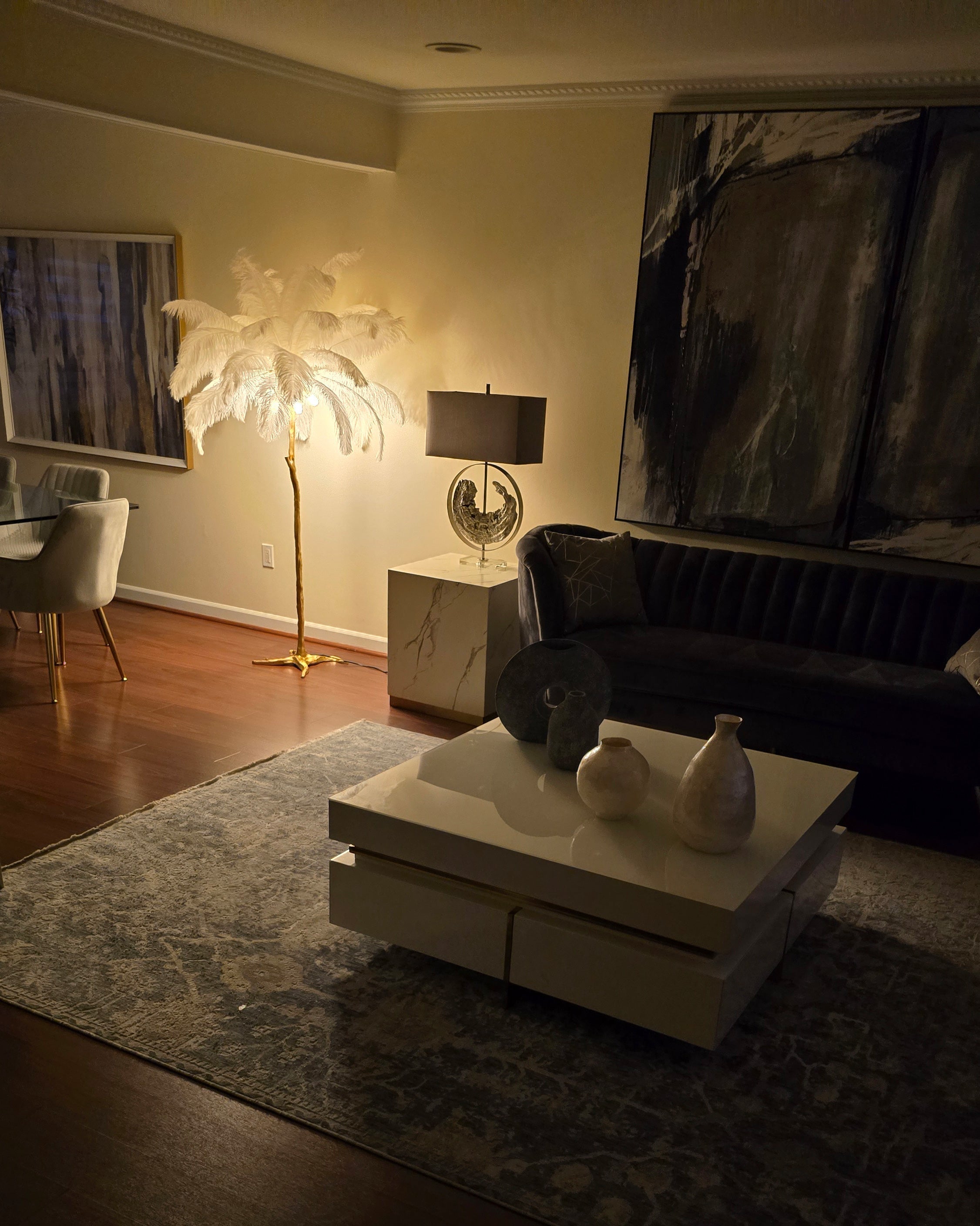 Floor Lamp Feather Shade 160.0 cm White Living Room Bedroom Palm Tree Standing Light Tropical Ambient Lighting | Thomler