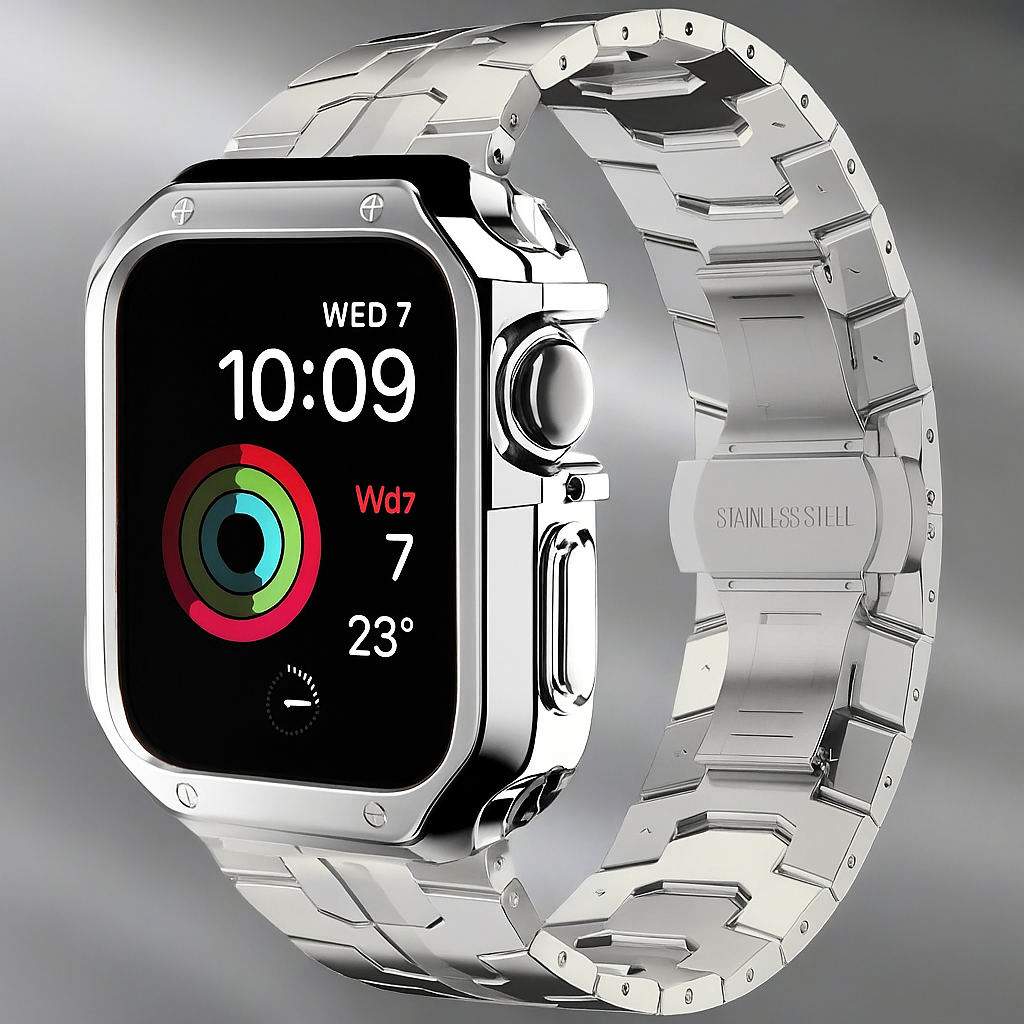 Metal Link Band & Protective Case Set for Apple Watch – Adjustable Bracelet with Matching Frame, Butterfly Clasp & Sizing Tool for Series | Thomler