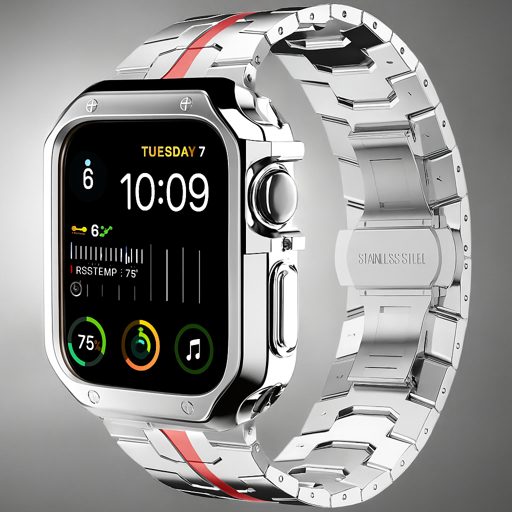 Metal Link Watch Band with Armor Frame for Apple Watch – Titanium-Style Bracelet & Open-Face Protection Case Bundle – Butterfly Clasp | Thomler