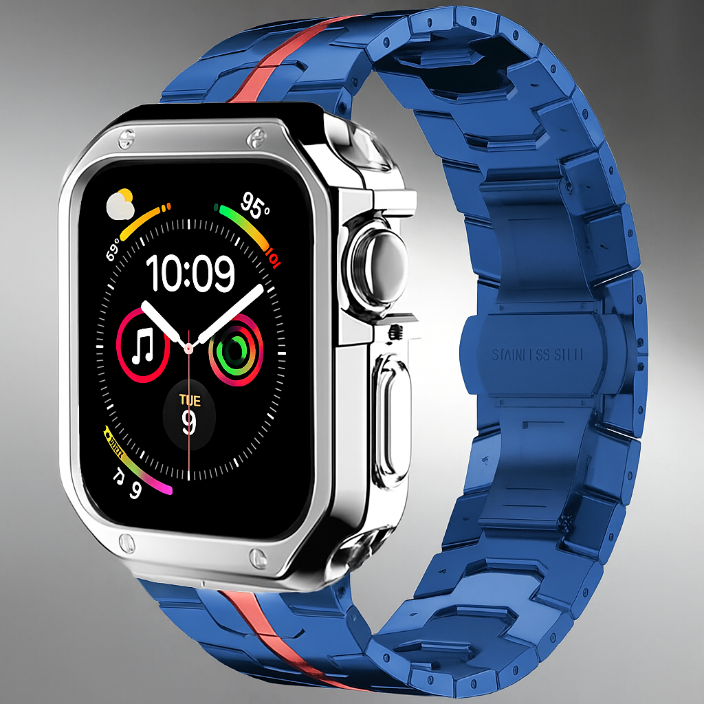 Metal Link Band & Protective Case Set for Apple Watch – Adjustable Bracelet with Matching Frame, Butterfly Clasp & Sizing Tool for Series | Thomler