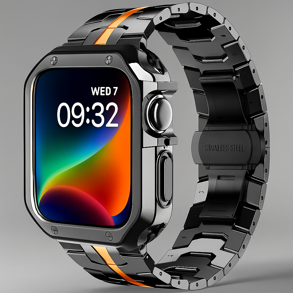 Metal Link Watch Band with Armor Frame for Apple Watch – Titanium-Style Bracelet & Open-Face Protection Case Bundle – Butterfly Clasp | Thomler