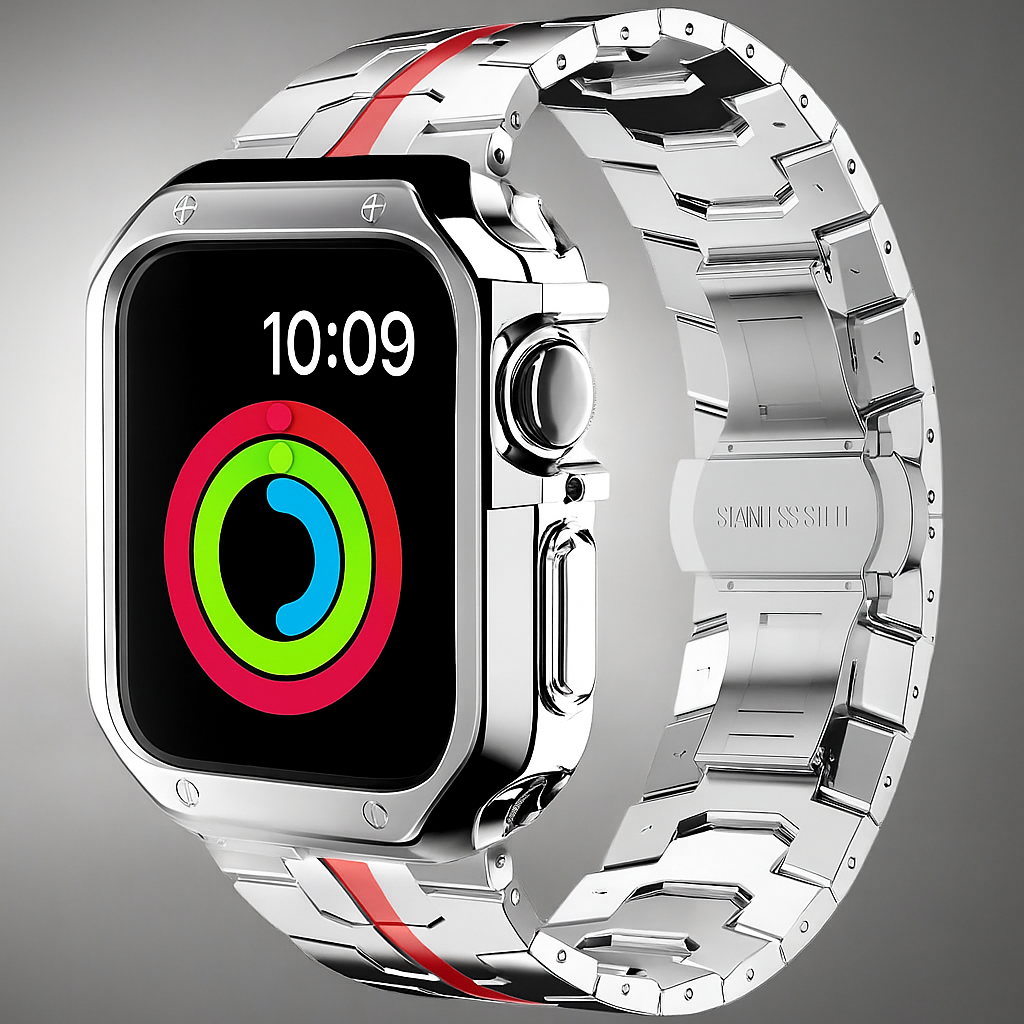 Metal Band & Screen Armor Bundle for Apple Watch – Adjustable Link Bracelet with Protective Bumper Case | Thomler