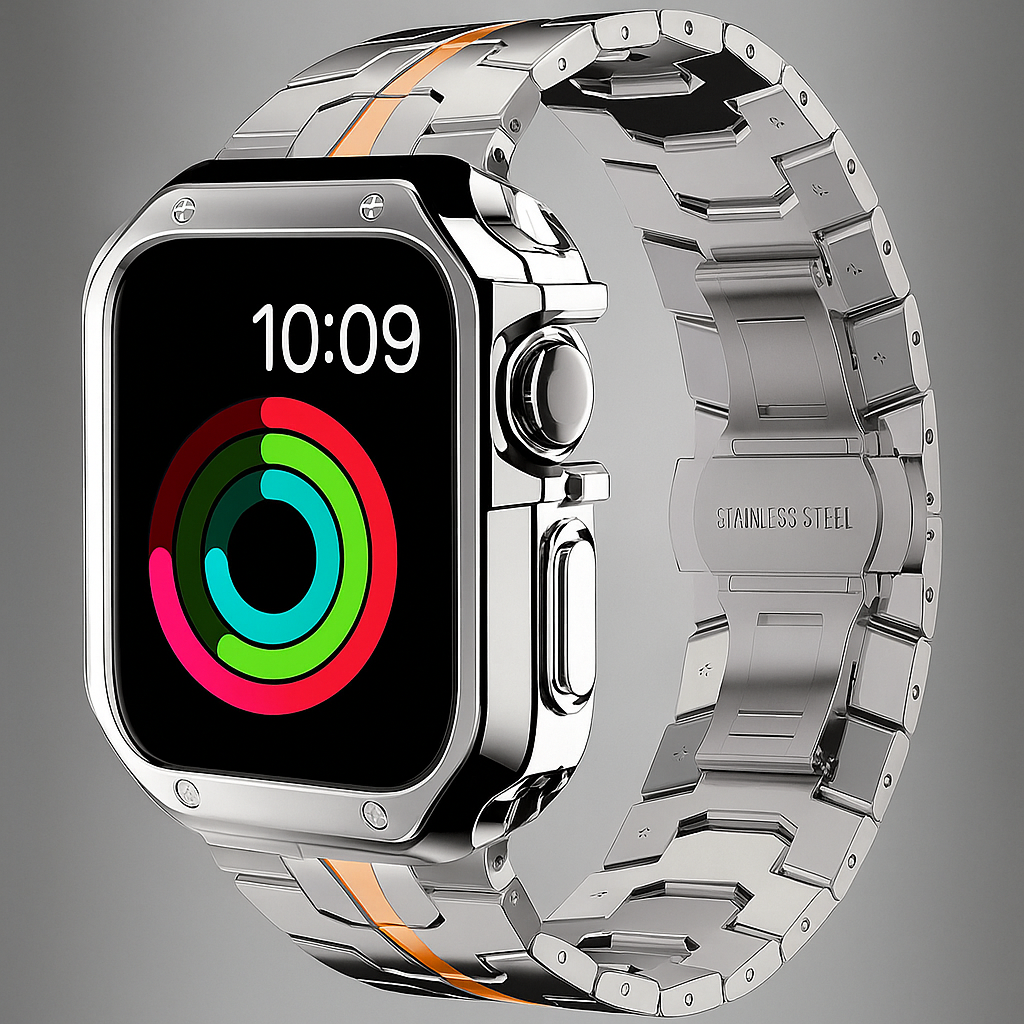 Metal Band & Screen Armor Bundle for Apple Watch – Adjustable Link Bracelet with Protective Bumper Case | Thomler