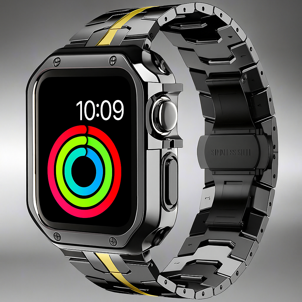 Metal Band & Screen Armor Bundle for Apple Watch – Adjustable Link Bracelet with Protective Bumper Case | Thomler