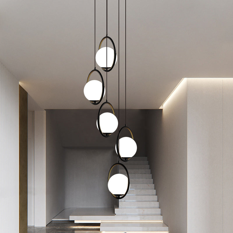 Multi-Globe Glass Pendant Chandelier – Modern Stairwell Lighting Fixture, Black Metal Frame, 5-6 Lights for Entryway Living Room Dining | Thomler