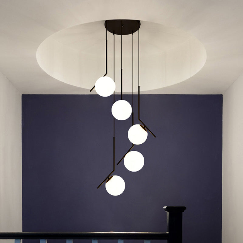 Multi-Globe Glass Pendant Chandelier – Modern Stairwell Lighting Fixture, Black Metal Frame, 5-6 Lights for Entryway Living Room Dining | Thomler