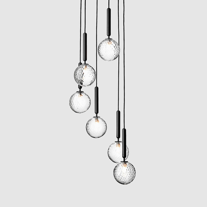 Multi-Globe Glass Pendant Chandelier – Modern Stairwell Lighting Fixture, Black Metal Frame, 5-6 Lights for Entryway Living Room Dining | Thomler