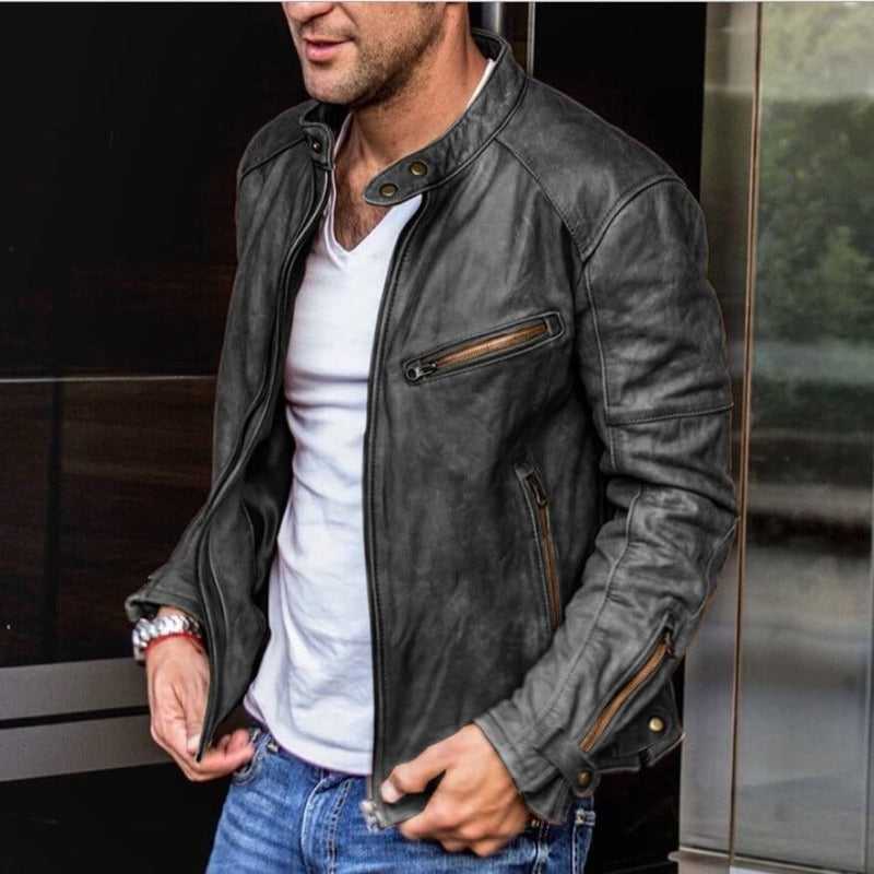 Men's Genuine Leather Jacket Stand Collar Water-Repellent Fall Motorcycle Coat for Everyday Casual Style | Thomler