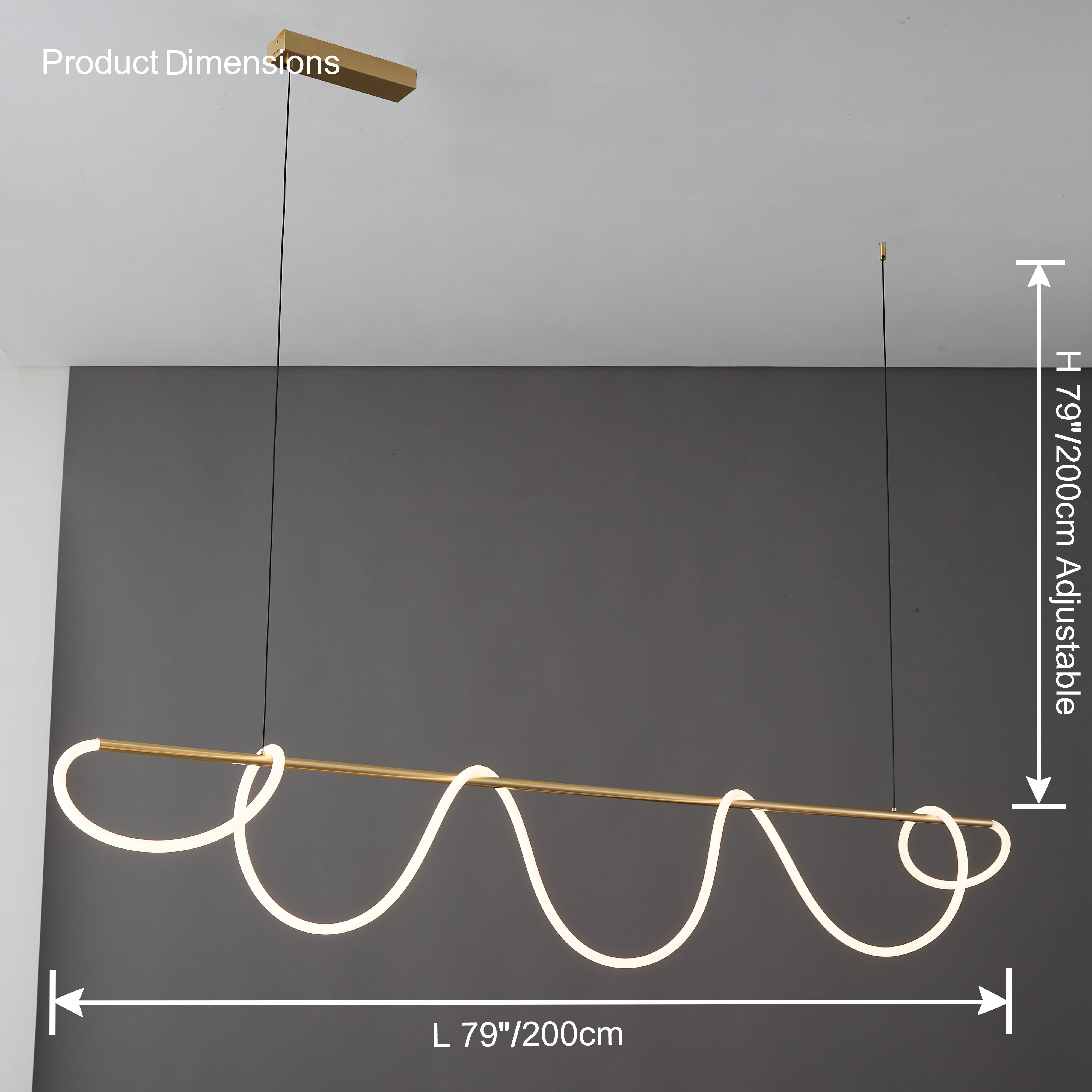 Pendant Light Brass Silicone Rope 110.0 cm Black Dining Room Dimmable LED Linear Chandelier Kitchen Island Hanging Ceiling Light | Thomler