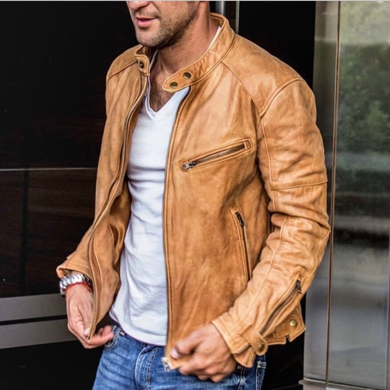 Men's Genuine Leather Jacket Stand Collar Water-Repellent Fall Motorcycle Coat for Everyday Casual Style | Thomler