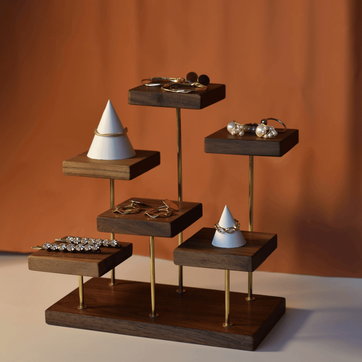 Tiered Wooden Organizer for Accessories and Trinkets – Brass Accent Display | Thomler