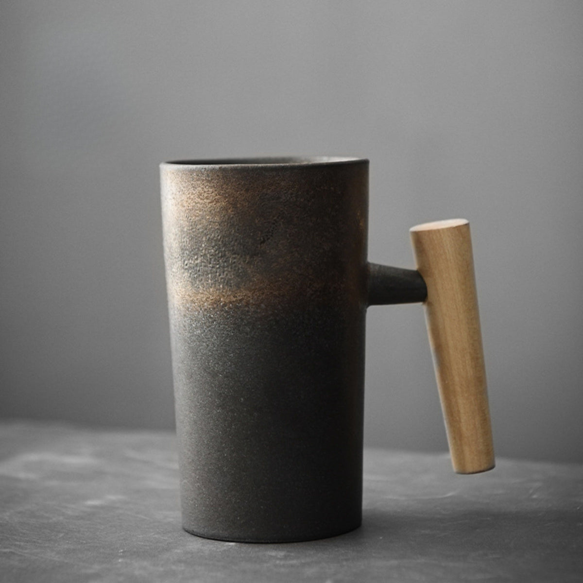 Stone-Texture Ceramic Coffee Mug with Wooden Handle for Hot Beverages | Kitchen Drinkware Cup for Tea Coffee Latte | Modern Rustic Nordic | Thomler