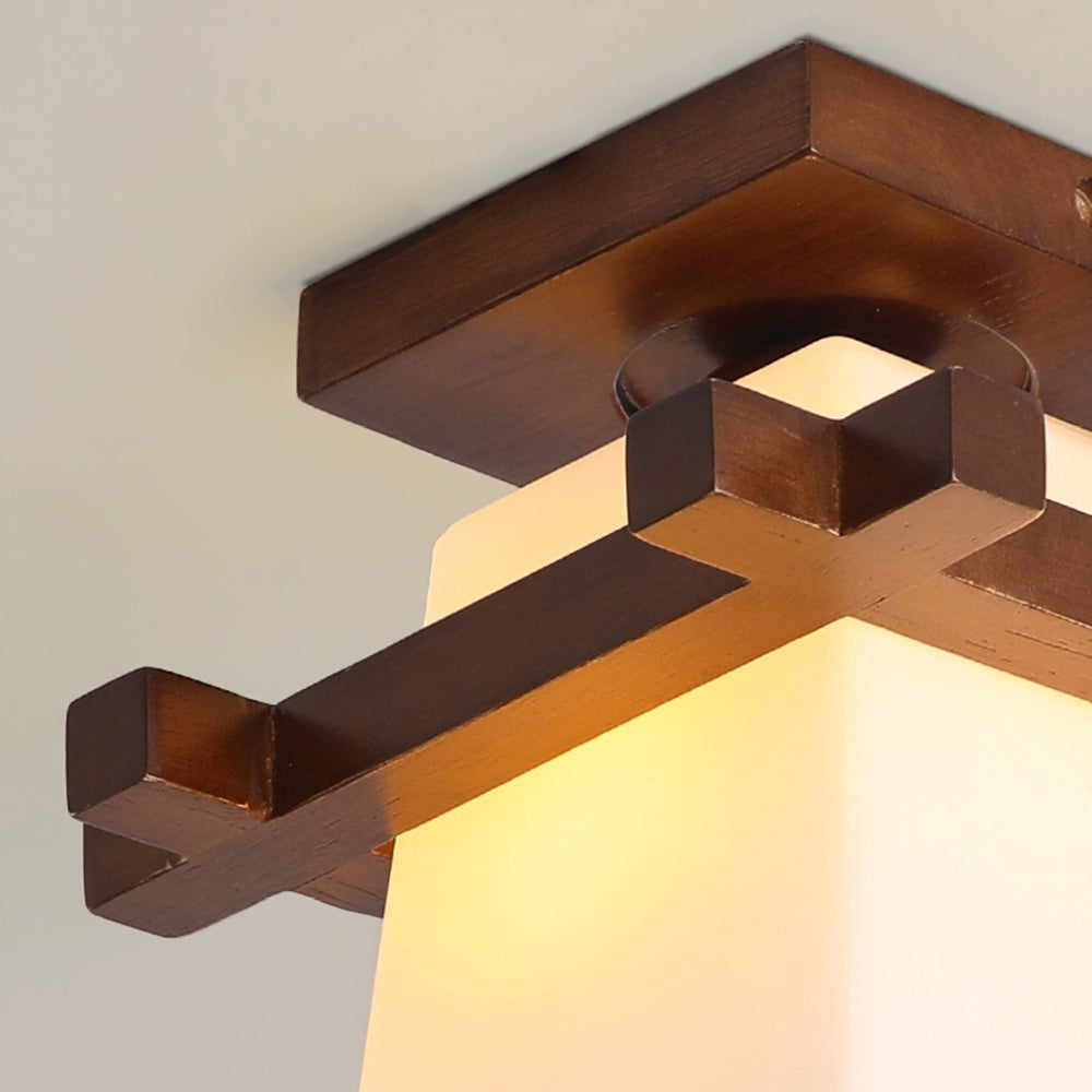 Ceiling Light Wood E27 20.0 cm White Japandi Hallway Bedroom Living Room Square Flush Mount Lamp | Thomler