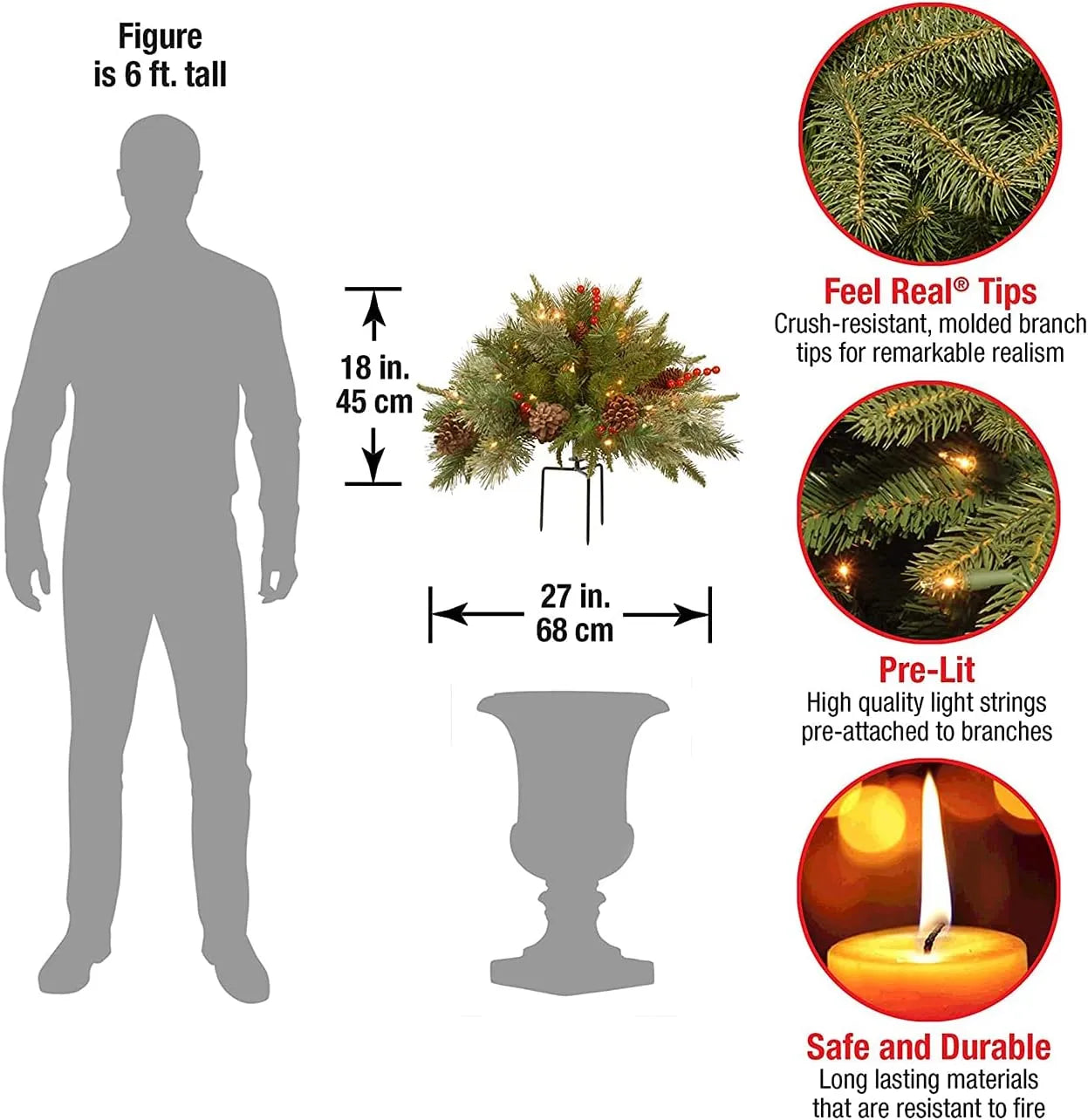 Battery-Operated LED Evergreen Spray with Pine Cones & Berries for Holiday Urns, Planters & Entryways | Thomler