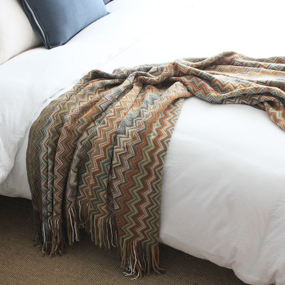 Chevron Knit Throw Blanket with Fringe Trim – Lightweight Acrylic for Year-Round Comfort | Thomler