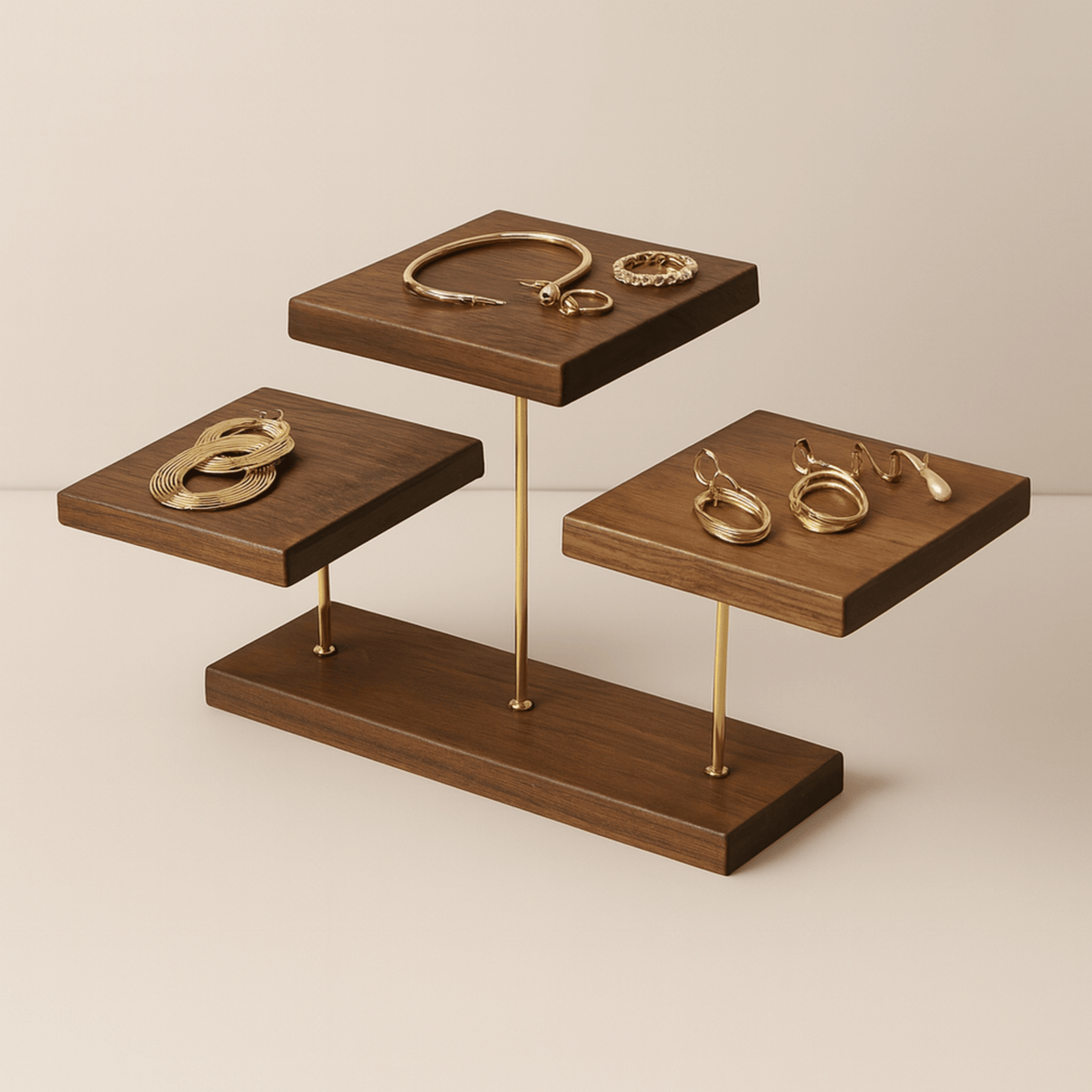 Tiered Wooden Organizer for Accessories and Trinkets – Brass Accent Display | Thomler