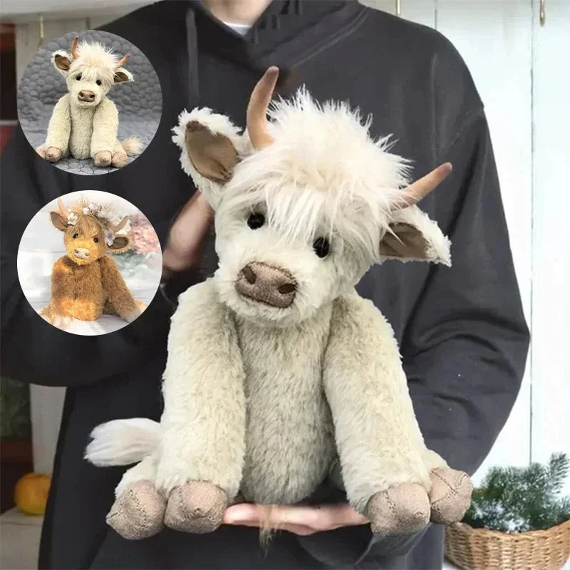 Handcrafted Highland Cow Plush with Floral Crown – Soft Alpaca Fiber Stuffed Animal Décor for Kids & Adults, Poseable Limbs & Head, Glass | Thomler