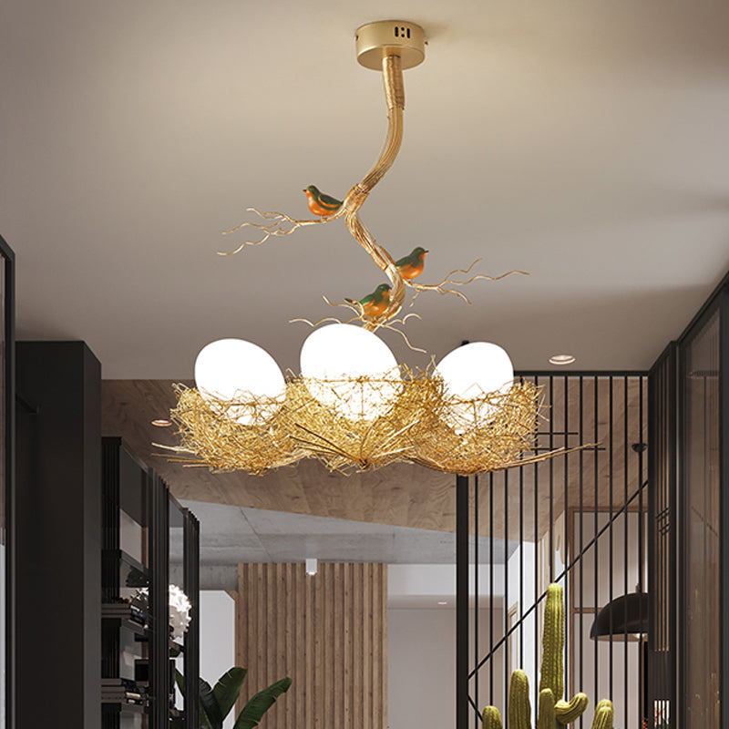 Bird Nest Pendant Light Fixture with Milky White Globe Shades | Hand-Crafted Metal Art Deco Chandelier for Dining Room, Kitchen Island & | Thomler